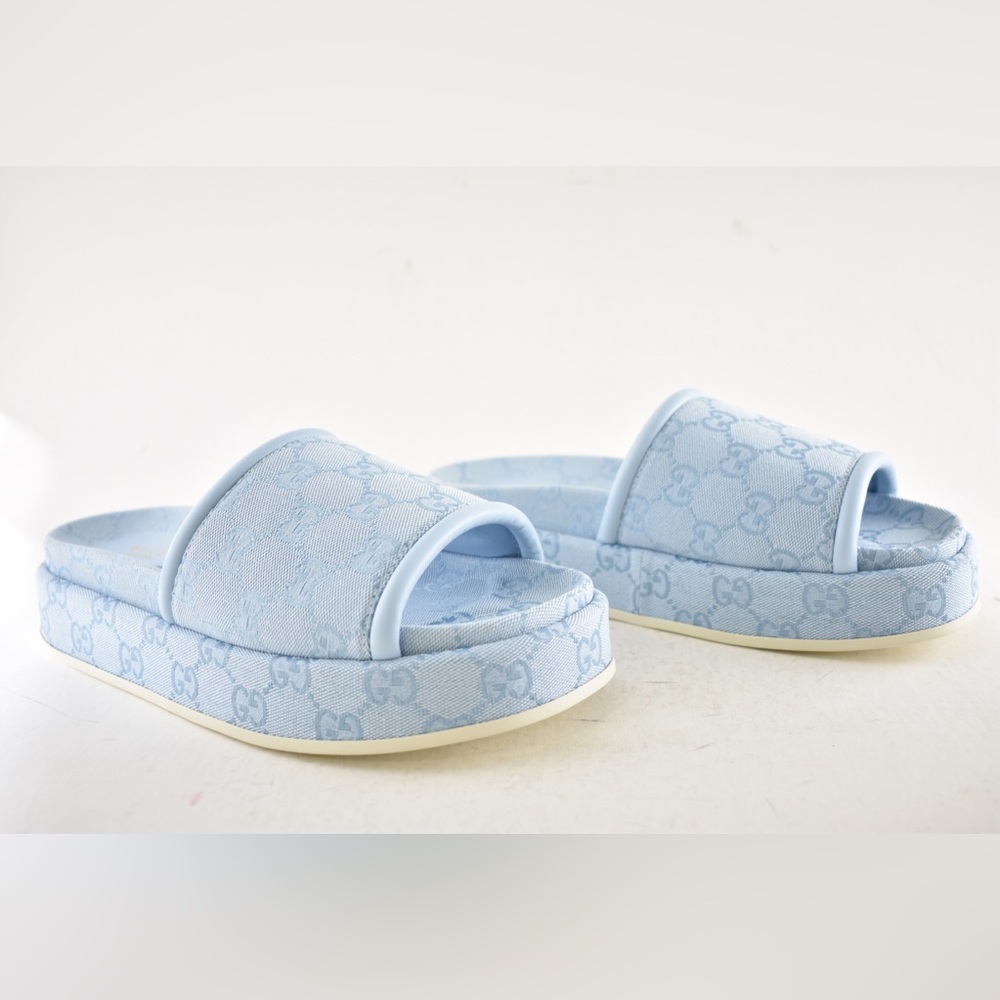 Gucci Light Blue GG Monogram Logo Canvas Mule Flat Slide Platform Sandal 39 - Picture 4 of 16